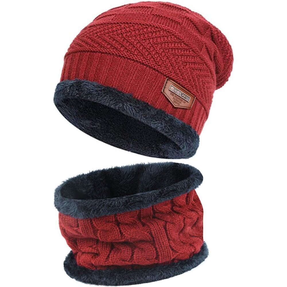 🆕 Men Red Fleece Lined Winter Cap Beanie Scarf Set Knit Neck Warmer Nice Hat
